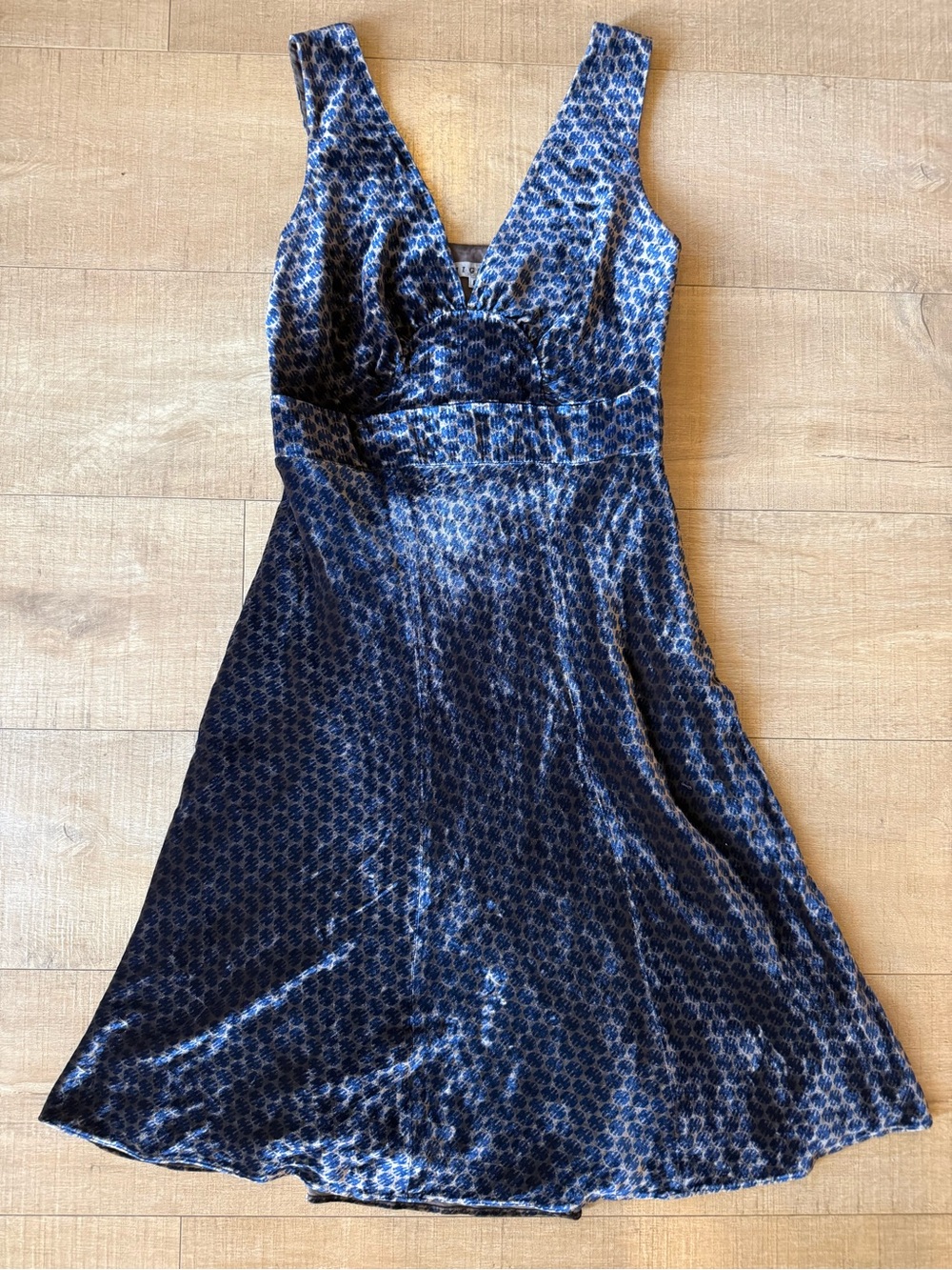 Y2K Jigsaw velvet silk brown Blue Patterned Velvet Midi Dress Art deco size 8